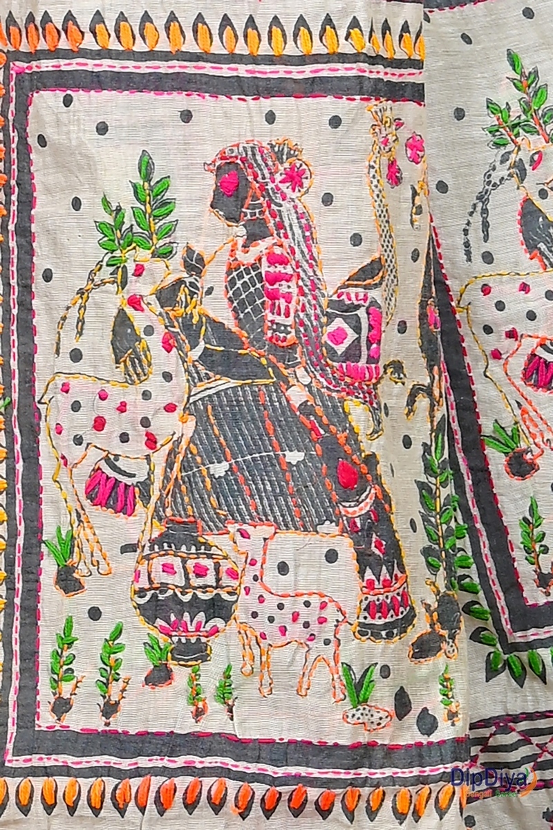 White Cotton Varitikath Kantha Stitch Saree (600)